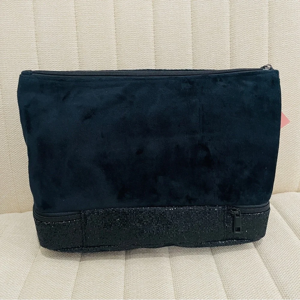 NEW Juicy Couture Black Velour Rhinestone‎ Travel Cosmetic Bag Dual Compartment